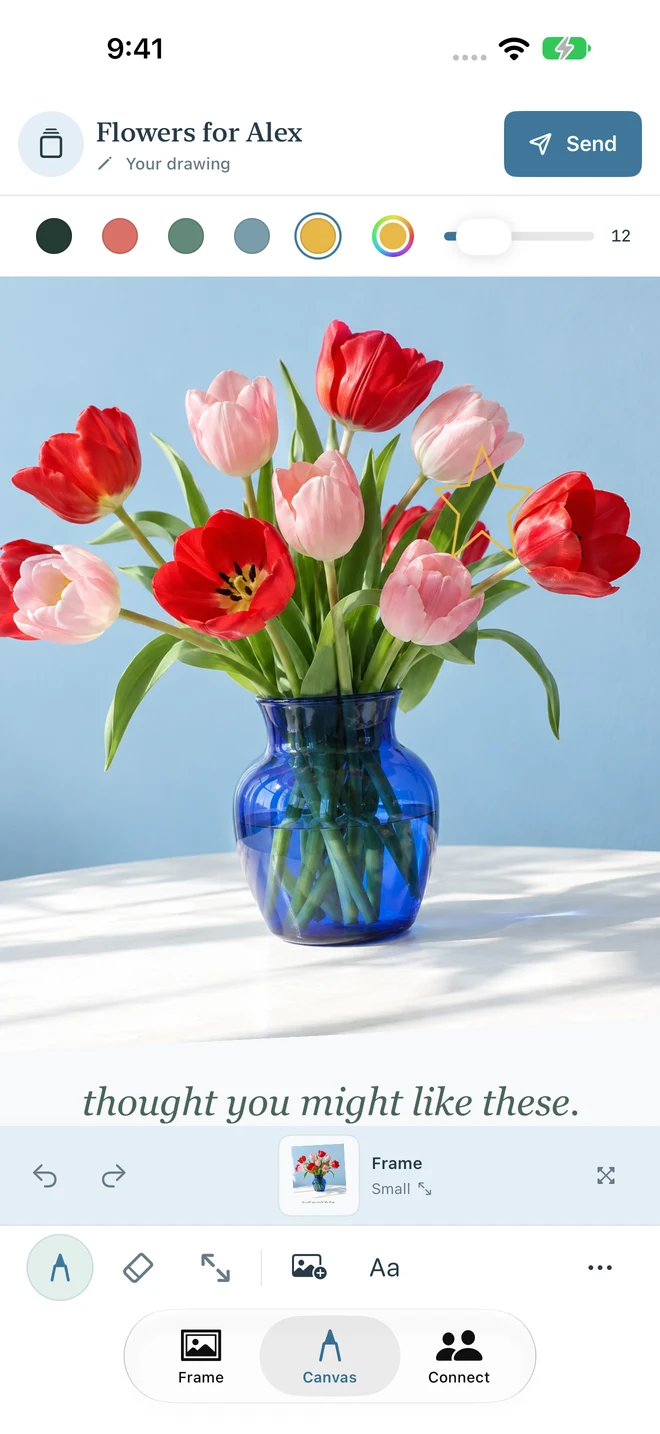 Mia adds a hand-drawn star to a tulip photo in Tsukimi's canvas