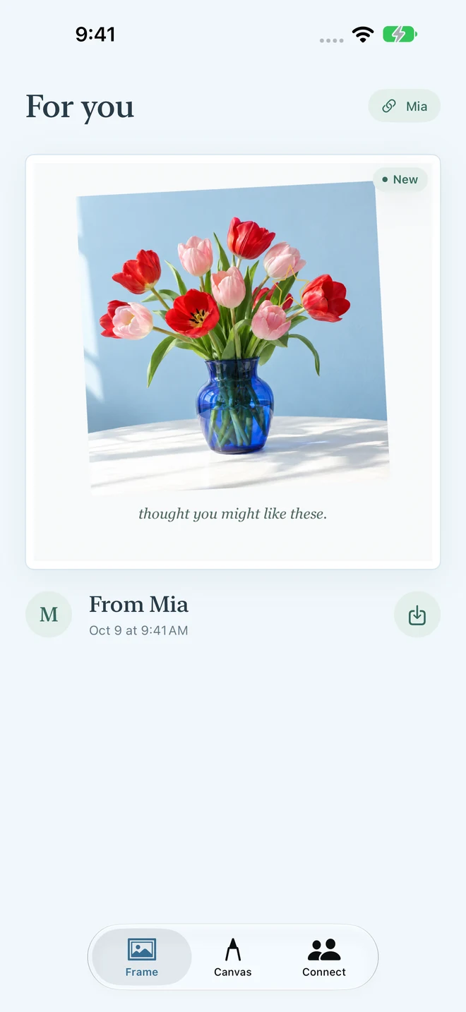 The same finished tulip note from Mia, marked New in Alex's Frame screen