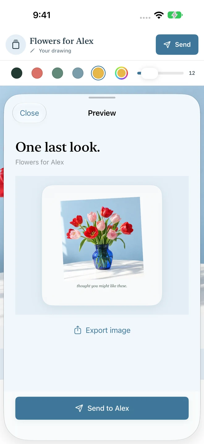 Tsukimi's One last look preview with the Send to Alex confirmation